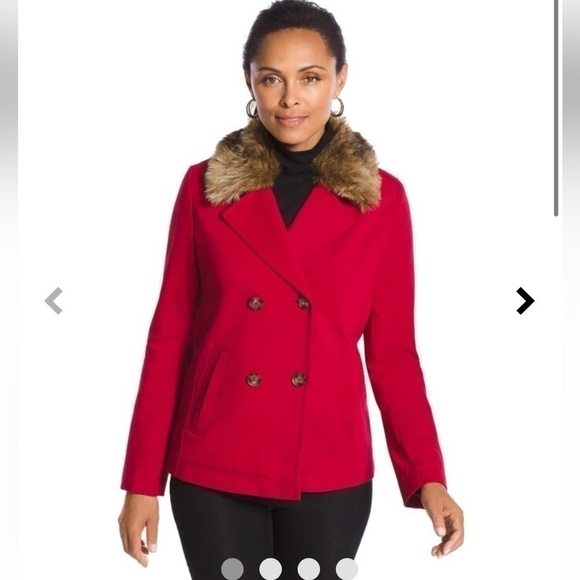 Chicos women’s large 12 coat jacket peacoat red faux fur collar stretch winter - Picture 1 of 9